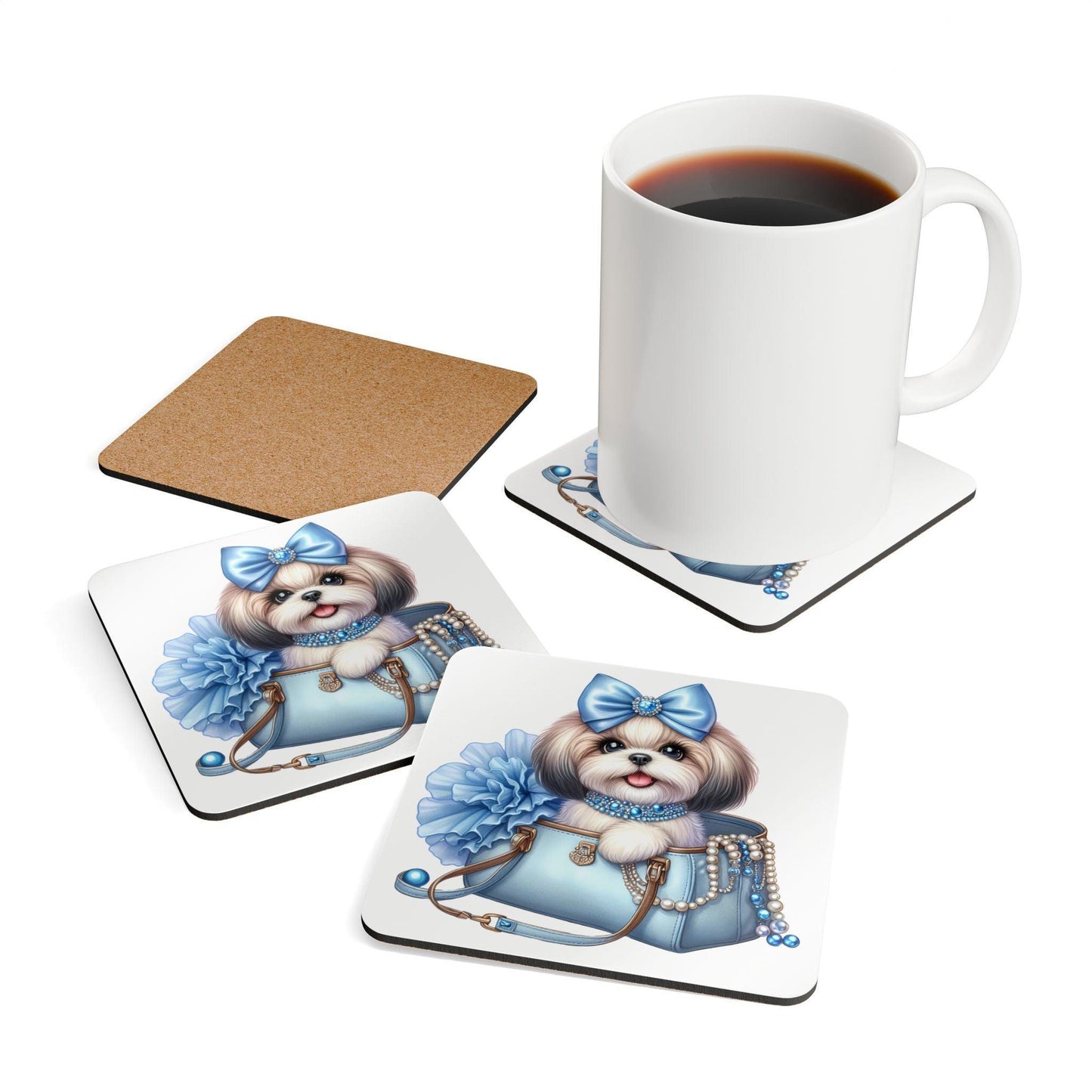 Blue Bow Shih Tzu Corkwood Coaster Set - Shih Tzu Gifts