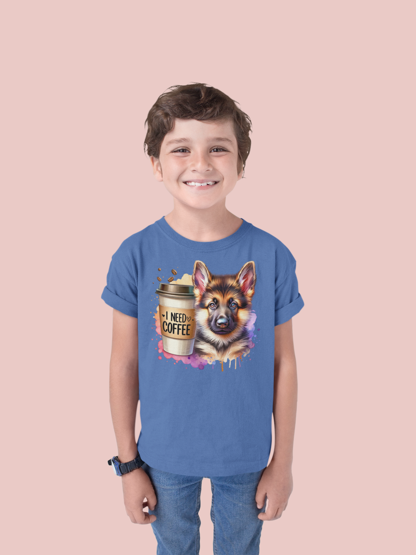 German Shepherd with Coffee Youth T-Shirt – Fun Dog Shirt for Kids