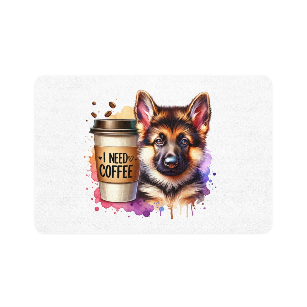 German Shepherd with Coffee Pet Food Mat – Cute & Non-Slip Design