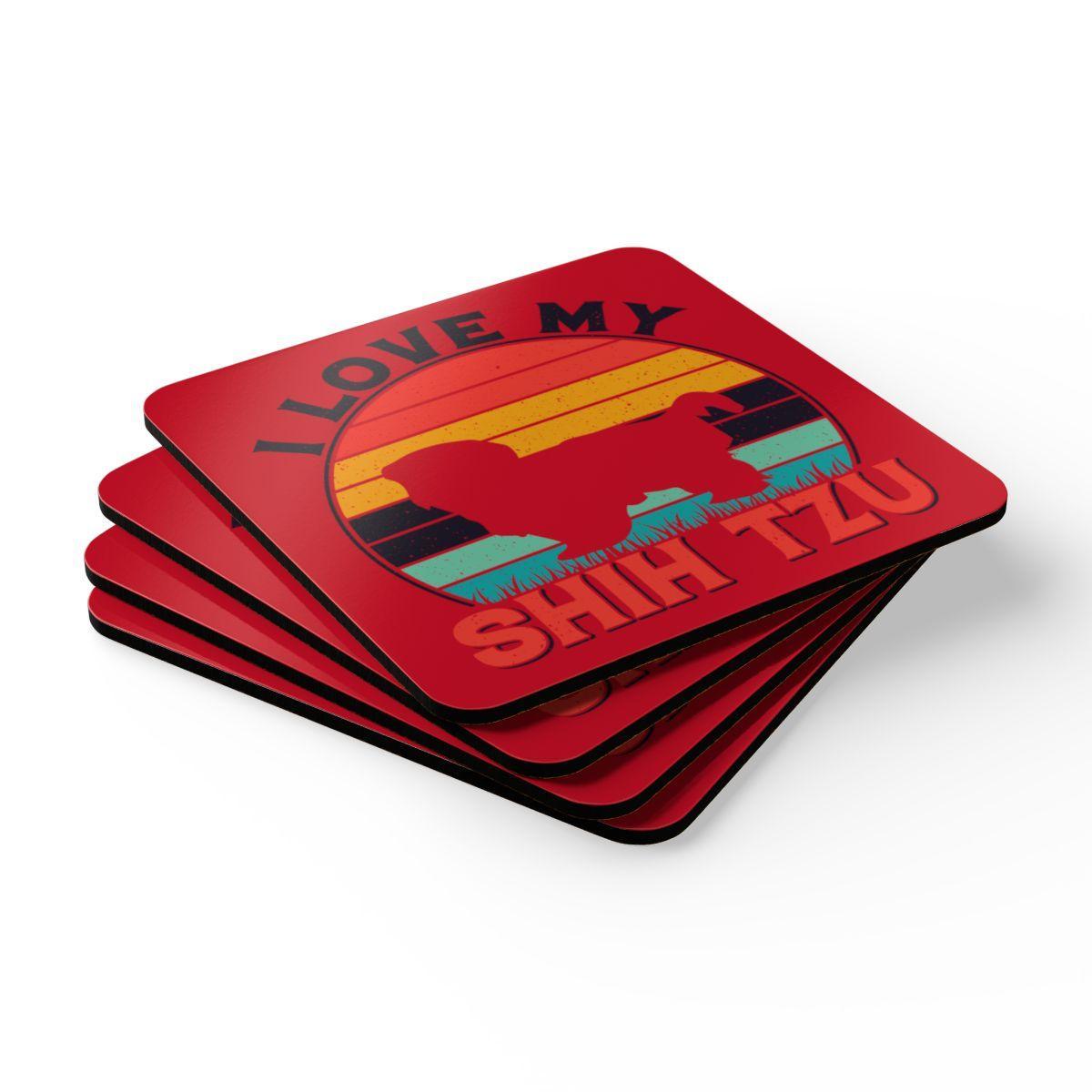 I Love My Shih Tzu With Rainbow Corkwood Coaster Set - Shih Tzu Gifts