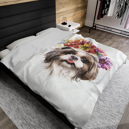 Shih Tzu With Flowers Hat Velveteen Plush Blanket - Shih Tzu Gifts