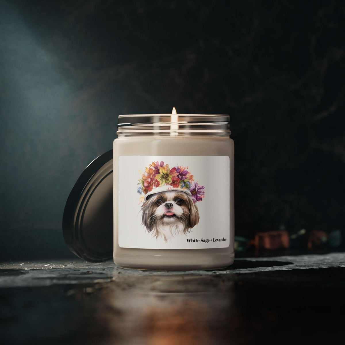 Shih Tzu With Flowers Hat Scented Soy Candle, 9oz - Shih Tzu Gifts