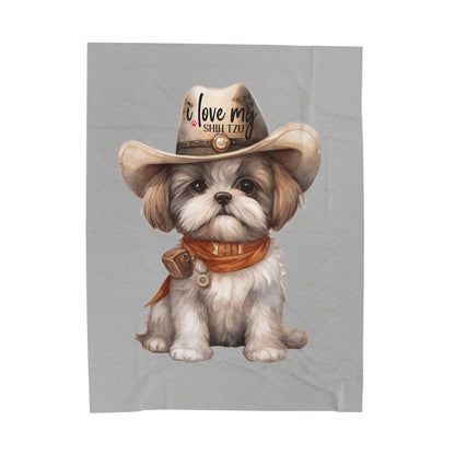 Cowboy Shih Tzu Velveteen Plush Blanket - Shih Tzu Gifts