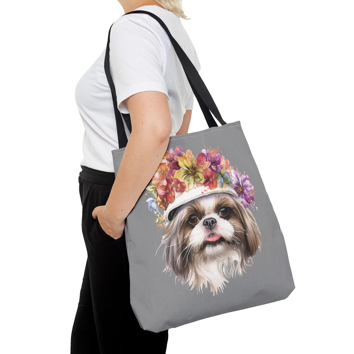 Shih Tzu With Flower Hat Tote Bag Dark Grey - Shih Tzu Gifts