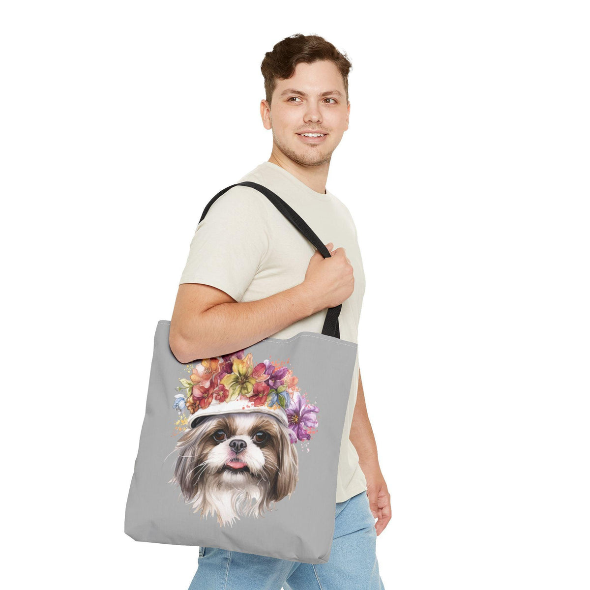 Shih Tzu With Flower Hat Tote Bag Light Grey - Shih Tzu Gifts