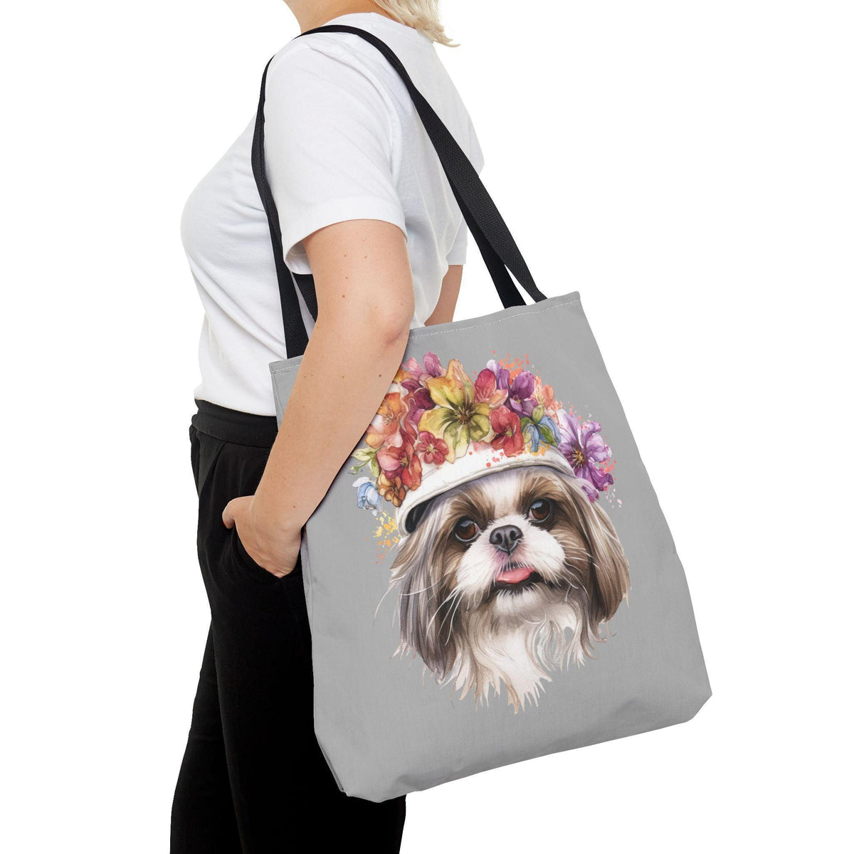 Shih Tzu With Flower Hat Tote Bag Light Grey - Shih Tzu Gifts