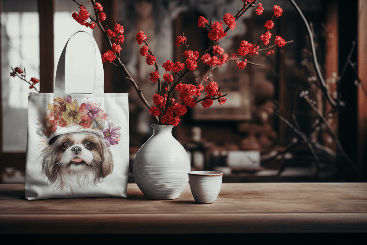 Shih Tzu With Flower Hat Tote Bag White - Shih Tzu Gifts