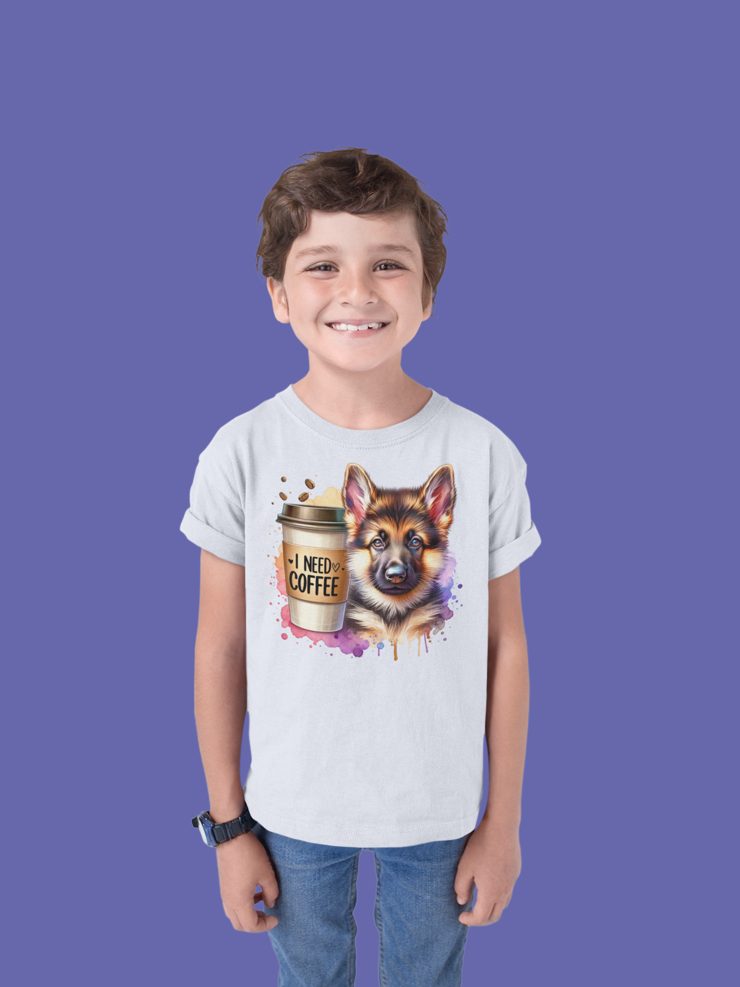 German Shepherd with Coffee Youth T-Shirt – Fun Dog Shirt for Kids