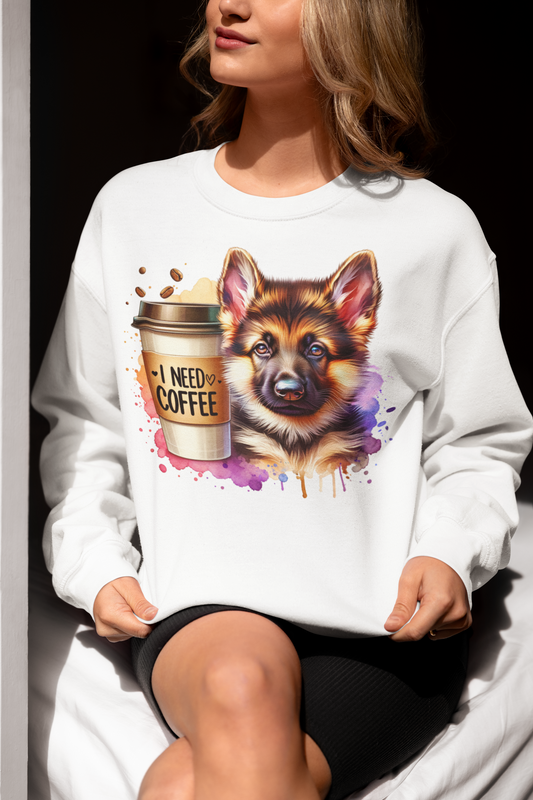 German Shepherd With Coffee Sweatshirt – Gift for Dog & Coffee Lovers