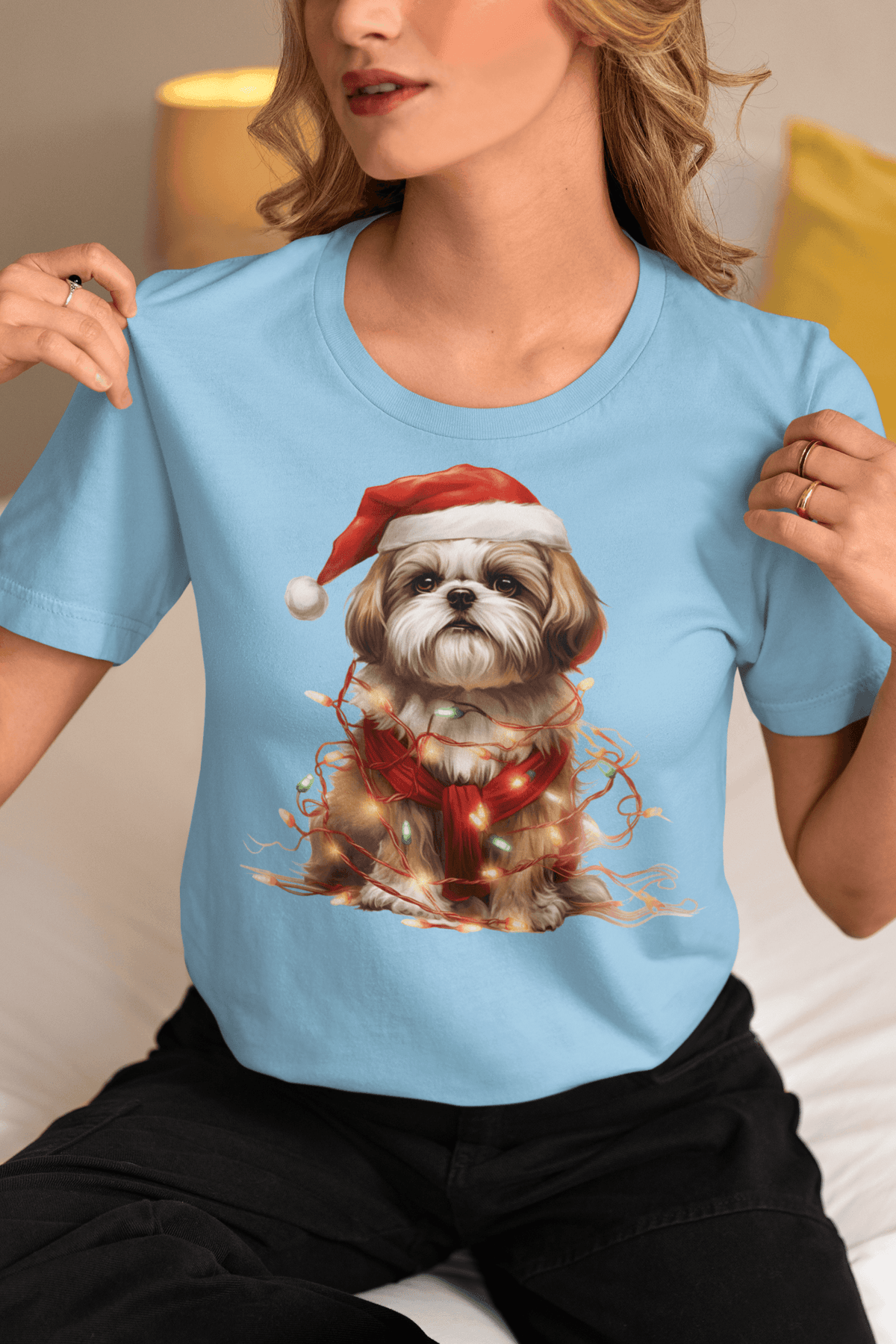 Shih Tzu Wearing a Christmas Hat and Wrapped in Lights Shirt - Shih Tzu Gifts