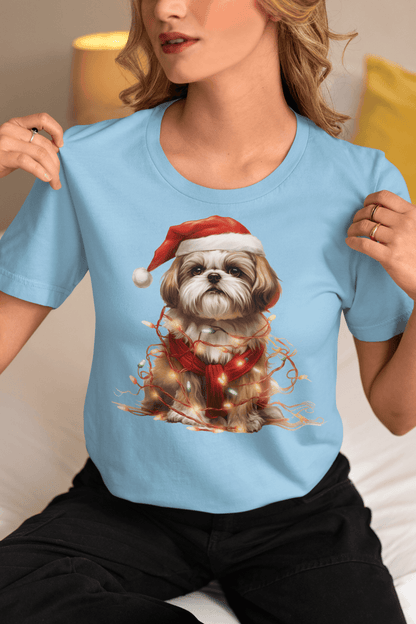 Shih Tzu Wearing a Christmas Hat and Wrapped in Lights Shirt - Shih Tzu Gifts