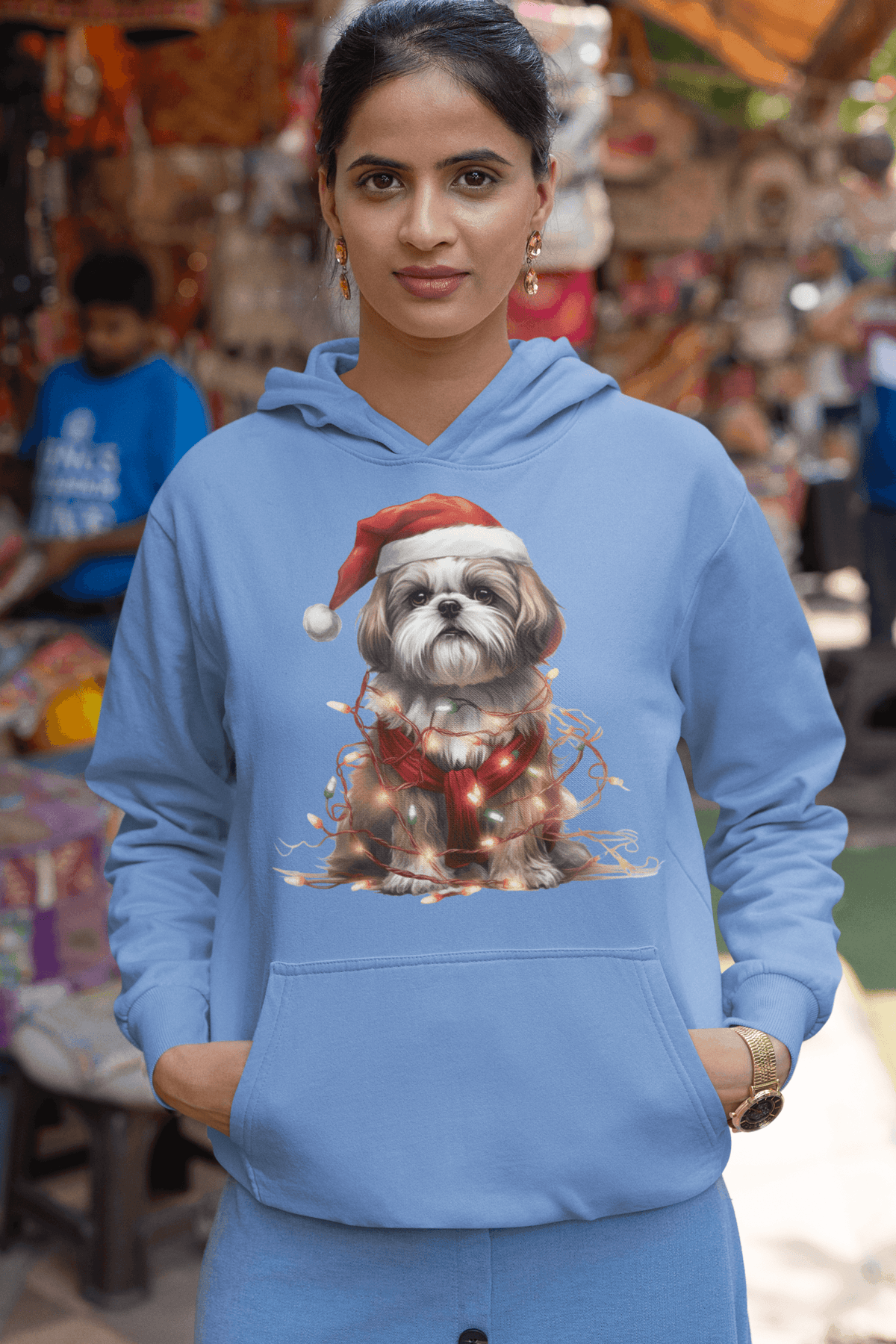 Shih Tzu Wearing a Christmas Hat and Wrapped in Lights Hooded Sweatshirt - Shih Tzu Gifts