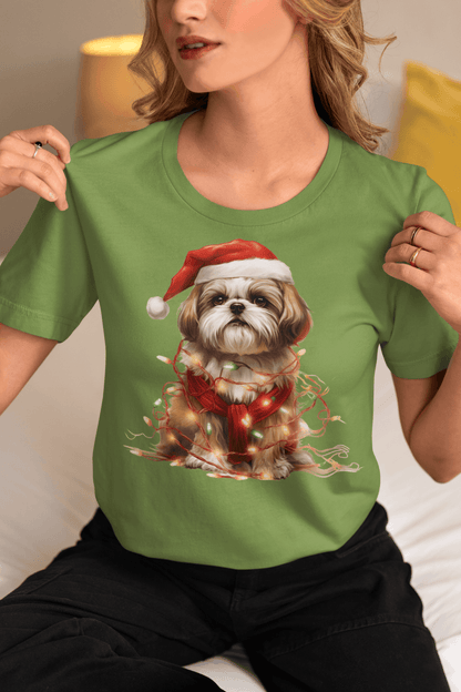 Shih Tzu Wearing a Christmas Hat and Wrapped in Lights Shirt - Shih Tzu Gifts