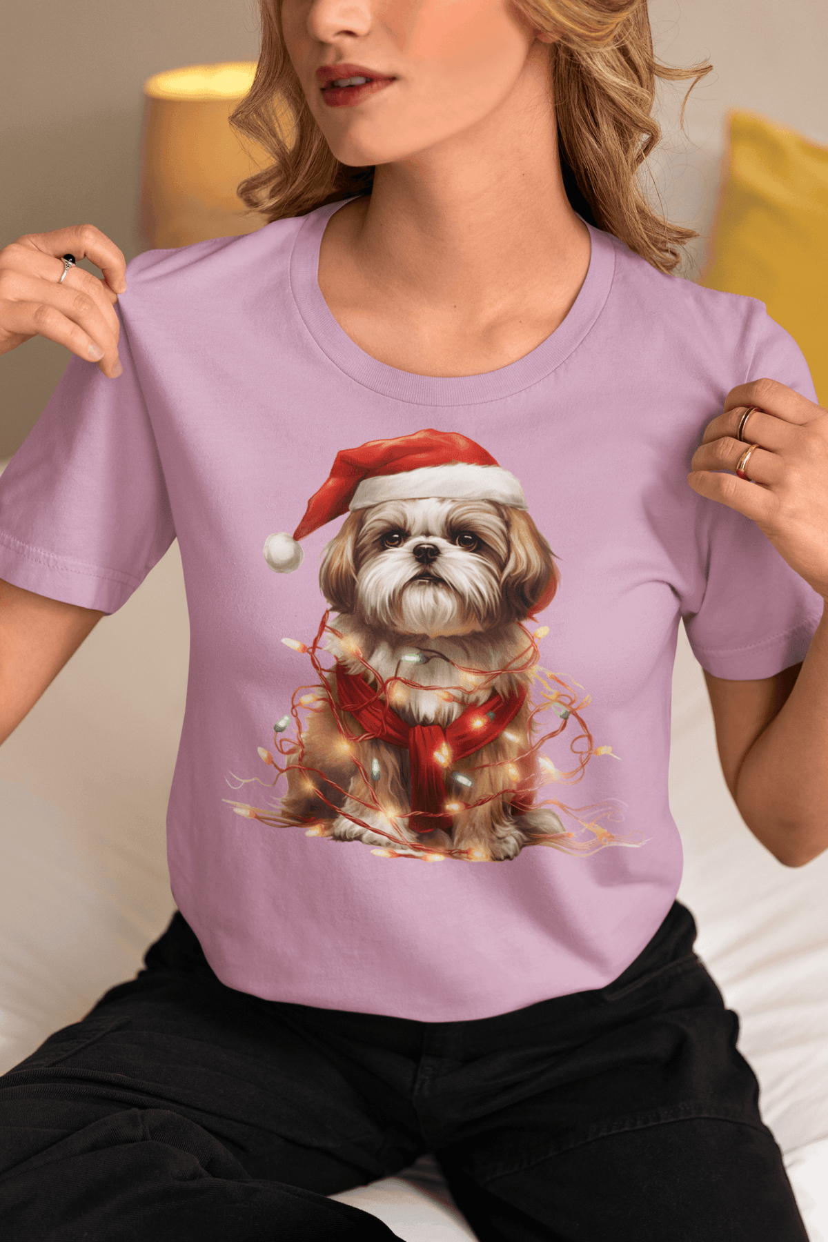 Shih Tzu Wearing a Christmas Hat and Wrapped in Lights Shirt - Shih Tzu Gifts