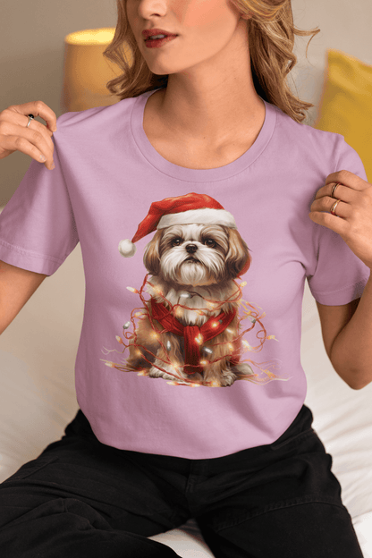 Shih Tzu Wearing a Christmas Hat and Wrapped in Lights Shirt - Shih Tzu Gifts