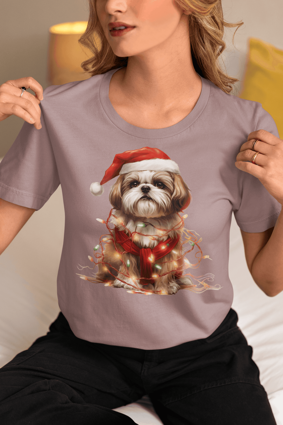 Shih Tzu Wearing a Christmas Hat and Wrapped in Lights Shirt - Shih Tzu Gifts
