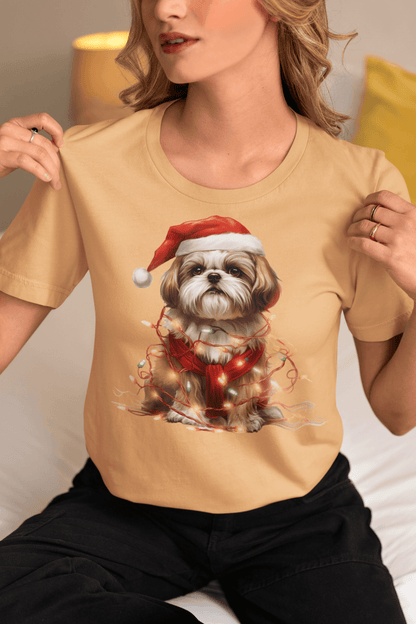 Shih Tzu Wearing a Christmas Hat and Wrapped in Lights Shirt - Shih Tzu Gifts