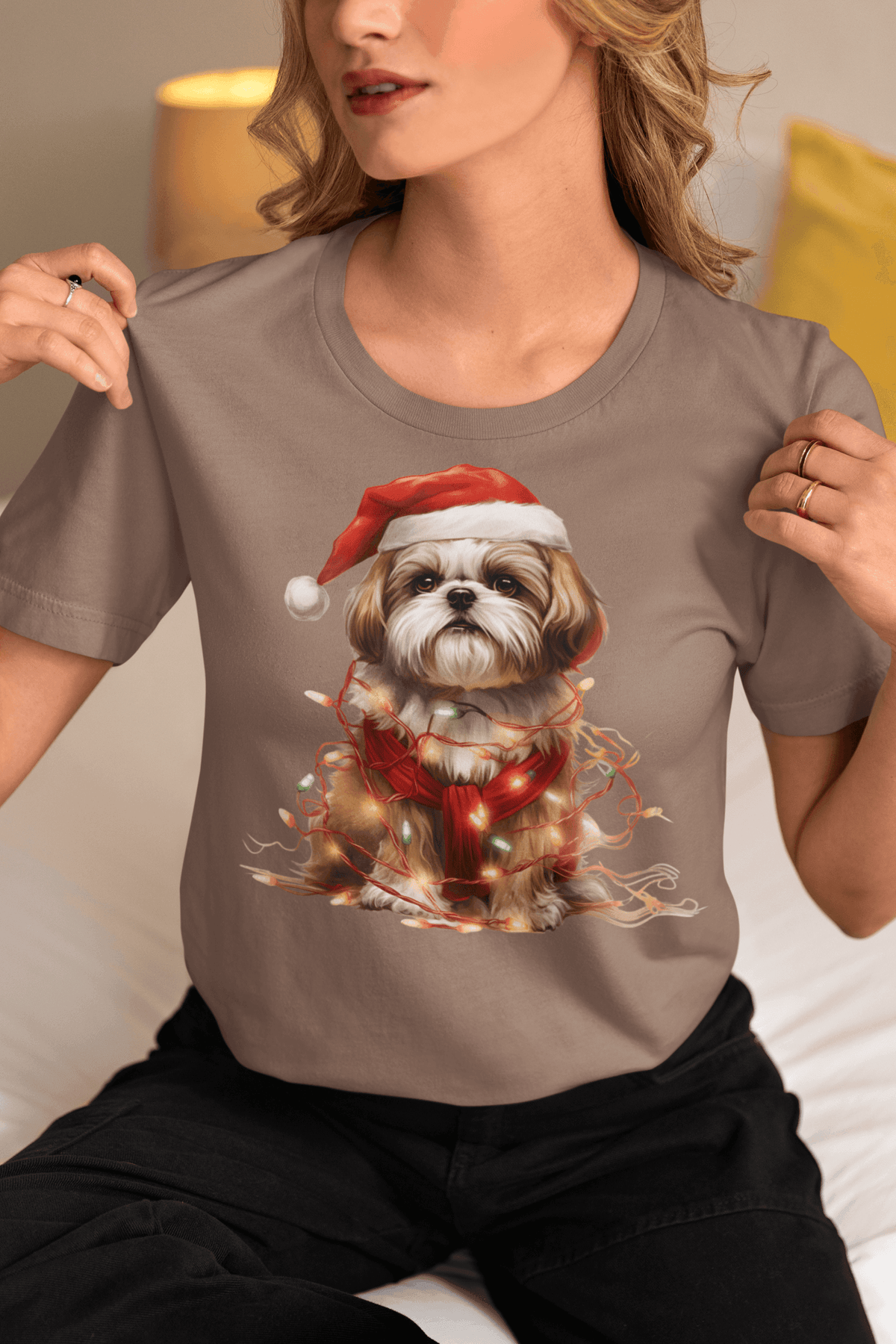 Shih Tzu Wearing a Christmas Hat and Wrapped in Lights Shirt - Shih Tzu Gifts