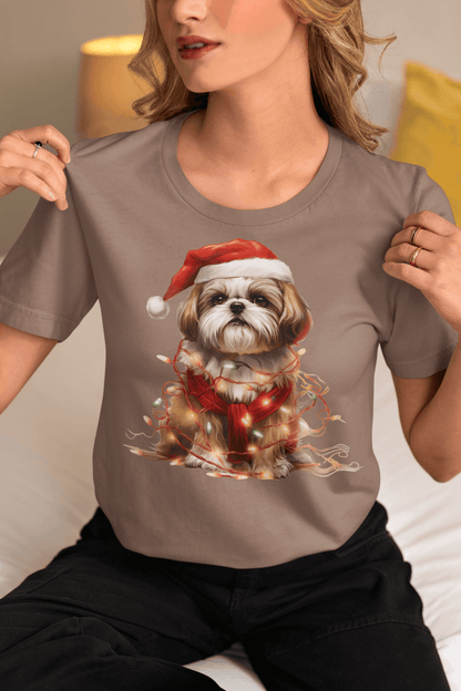 Shih Tzu Wearing a Christmas Hat and Wrapped in Lights Shirt - Shih Tzu Gifts