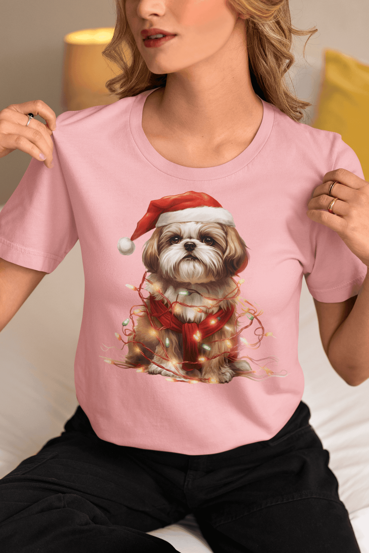 Shih Tzu Wearing a Christmas Hat and Wrapped in Lights Shirt - Shih Tzu Gifts