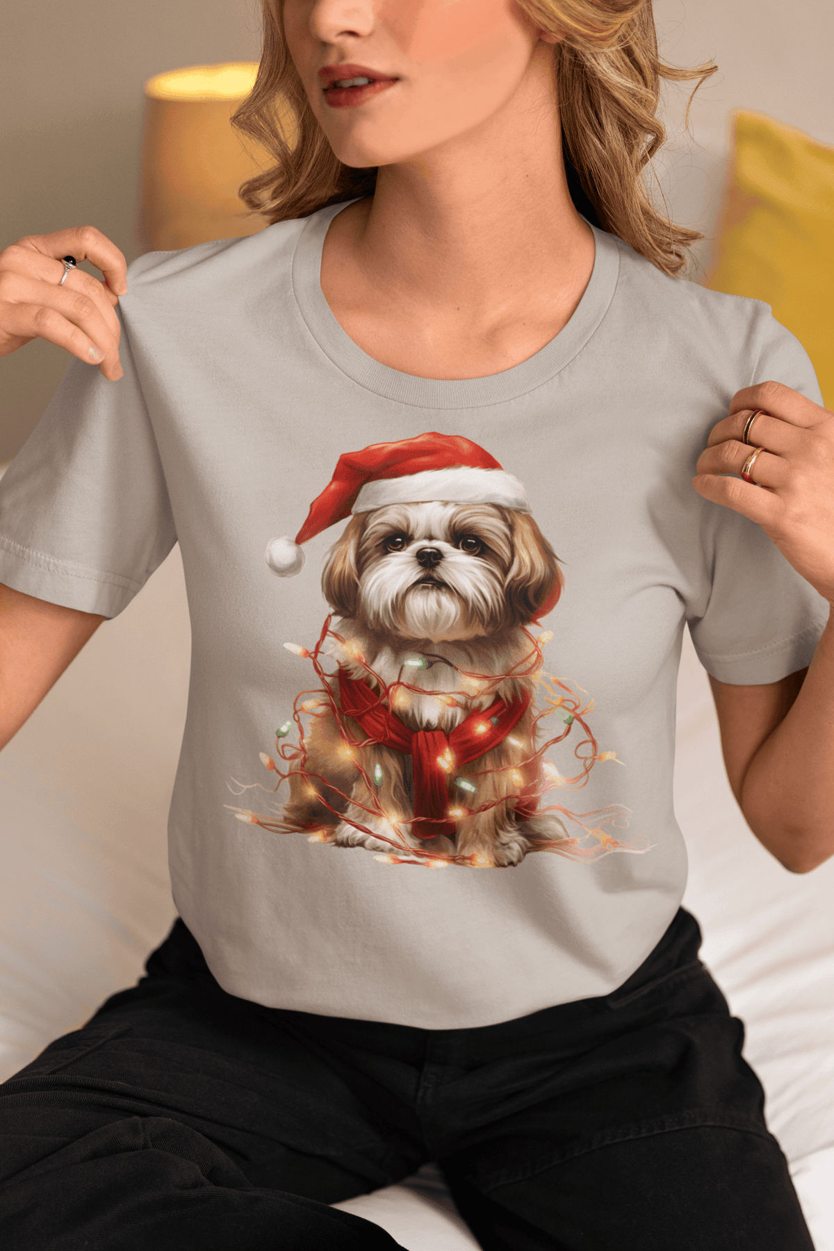 Shih Tzu Wearing a Christmas Hat and Wrapped in Lights Shirt - Shih Tzu Gifts