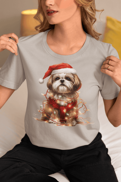 Shih Tzu Wearing a Christmas Hat and Wrapped in Lights Shirt - Shih Tzu Gifts