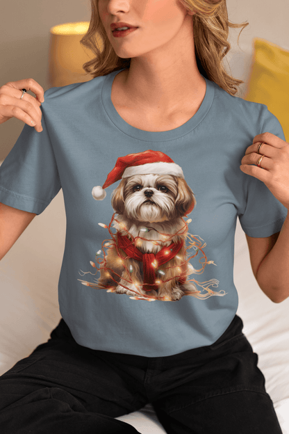 Shih Tzu Wearing a Christmas Hat and Wrapped in Lights Shirt - Shih Tzu Gifts