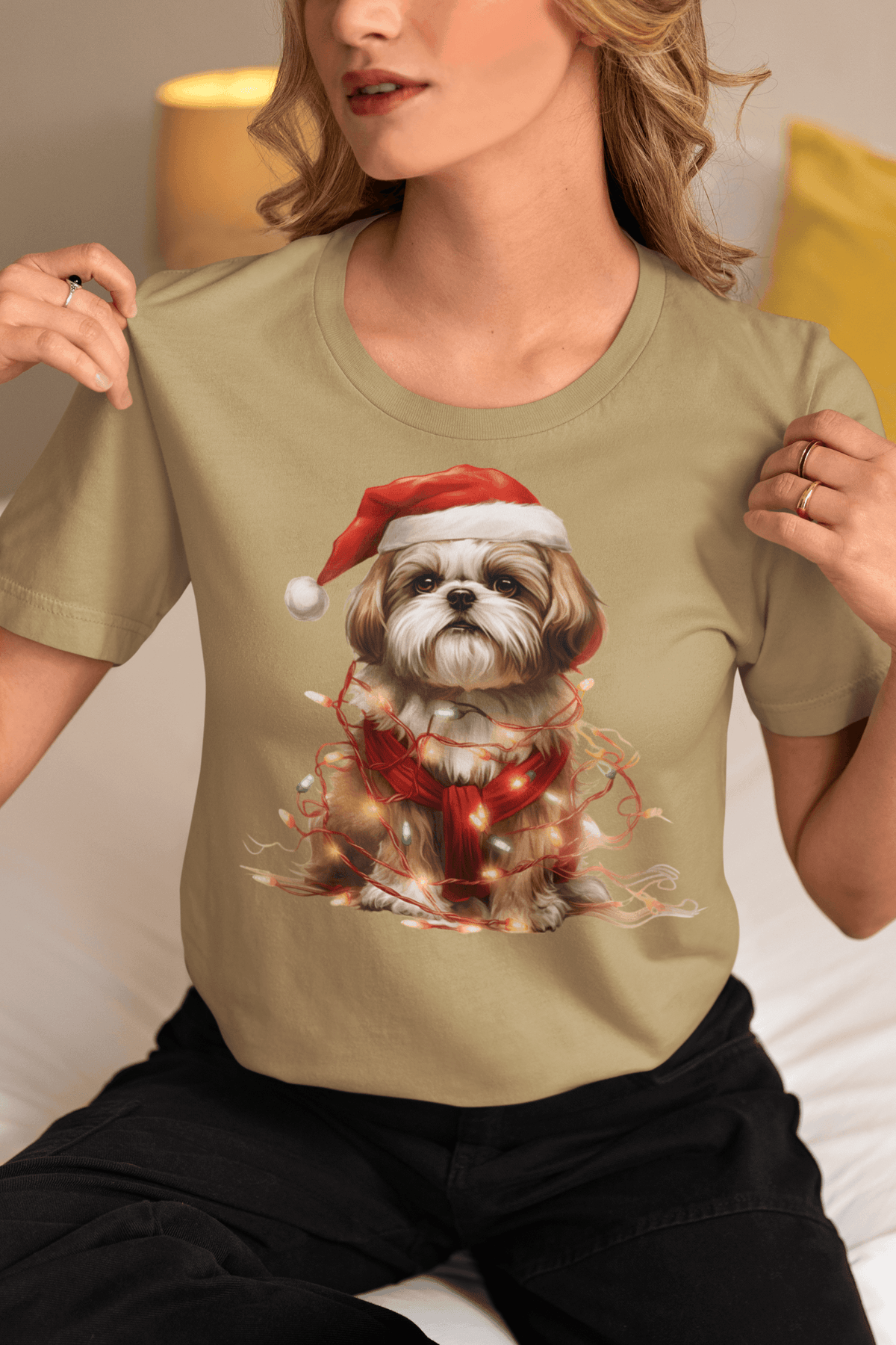 Shih Tzu Wearing a Christmas Hat and Wrapped in Lights Shirt - Shih Tzu Gifts