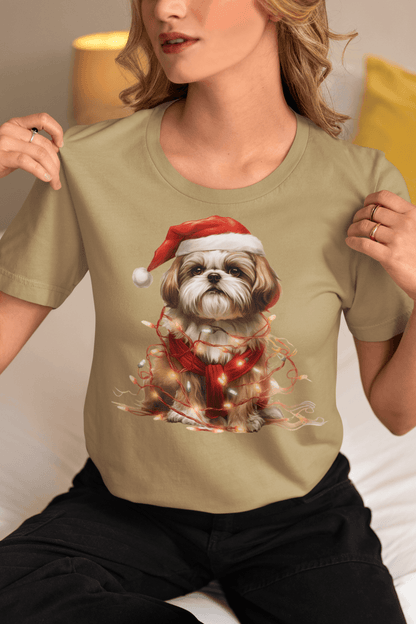 Shih Tzu Wearing a Christmas Hat and Wrapped in Lights Shirt - Shih Tzu Gifts