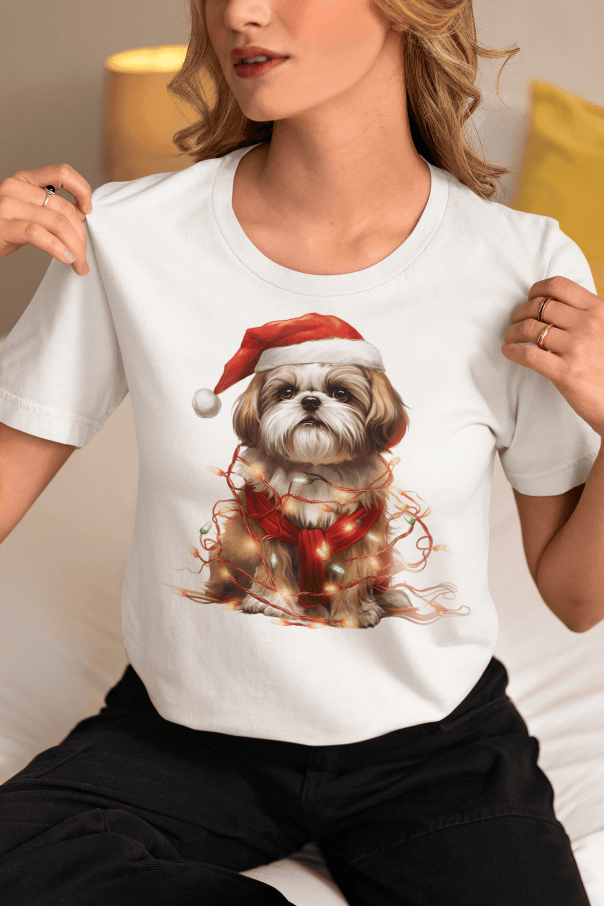 Shih Tzu Wearing a Christmas Hat and Wrapped in Lights Shirt - Shih Tzu Gifts