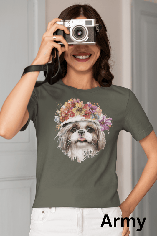 Shih Tzu with Flowers Hat T-Shirt - Stylish Tee for Dog Lovers - Shih Tzu Gifts