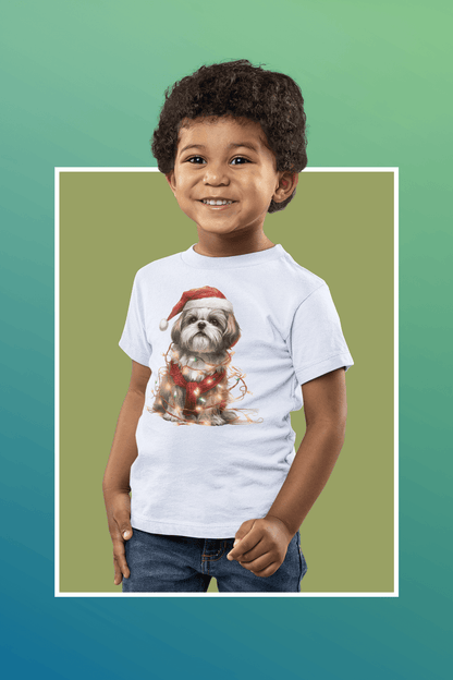 Shih Tzu Wearing a Christmas Hat and Wrapped in Lights Youth Short Sleeve Tee - Shih Tzu Gifts