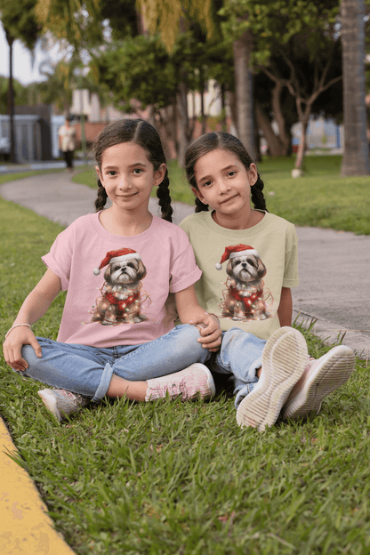 Shih Tzu Wearing a Christmas Hat and Wrapped in Lights Youth Short Sleeve Tee - Shih Tzu Gifts