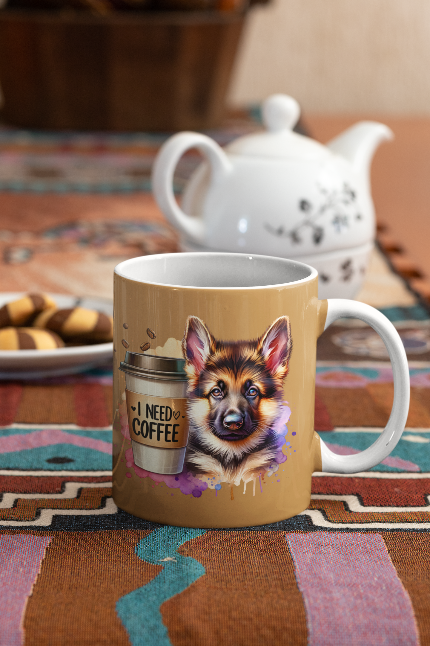 German Shepherd with Coffee Mug – Gift for Dog Moms & Dads