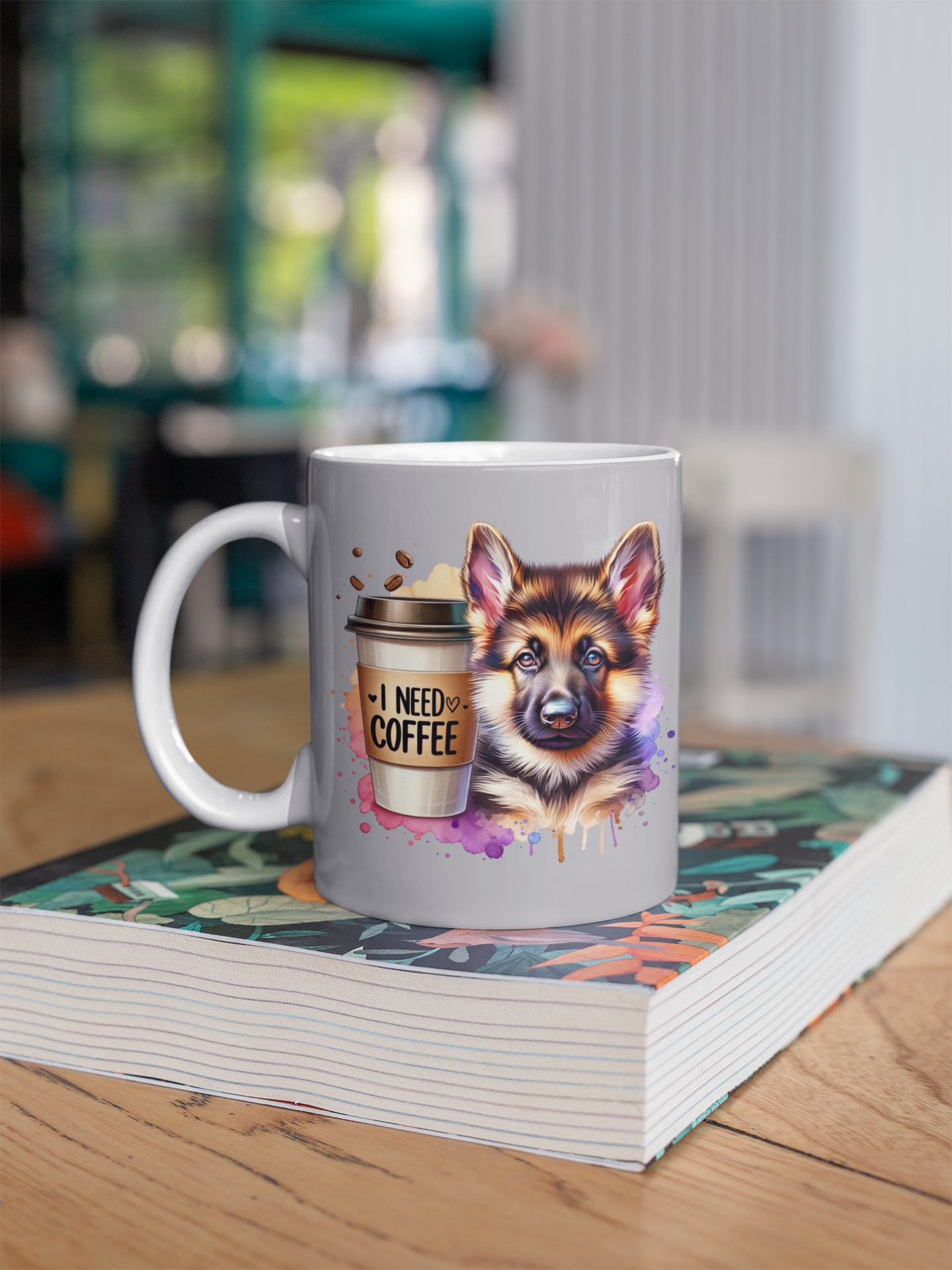 German Shepherd with Coffee Mug – Gift for Dog Moms & Dads