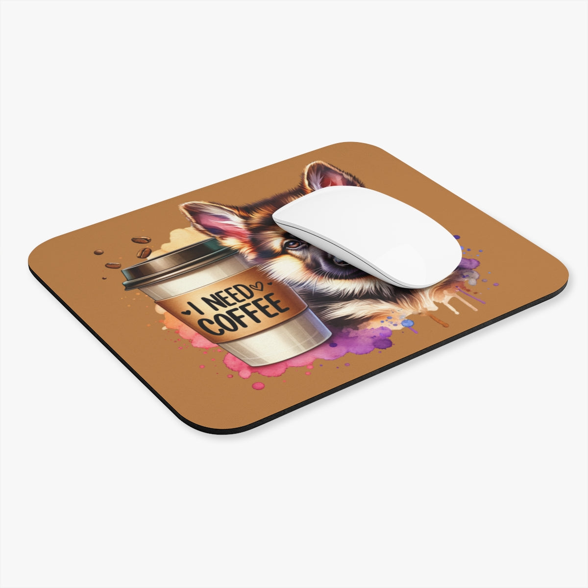 German Shepherd with Coffee Mouse Pad – Gift for Dog & Coffee Lovers