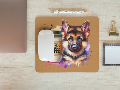 German Shepherd with Coffee Mouse Pad – Gift for Dog & Coffee Lovers