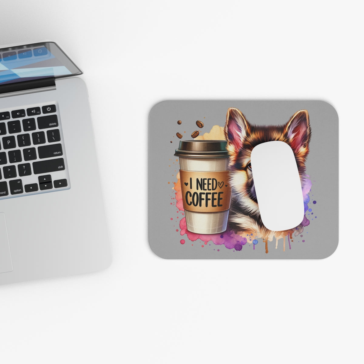 German Shepherd with Coffee Mouse Pad – Gift for Dog & Coffee Lovers