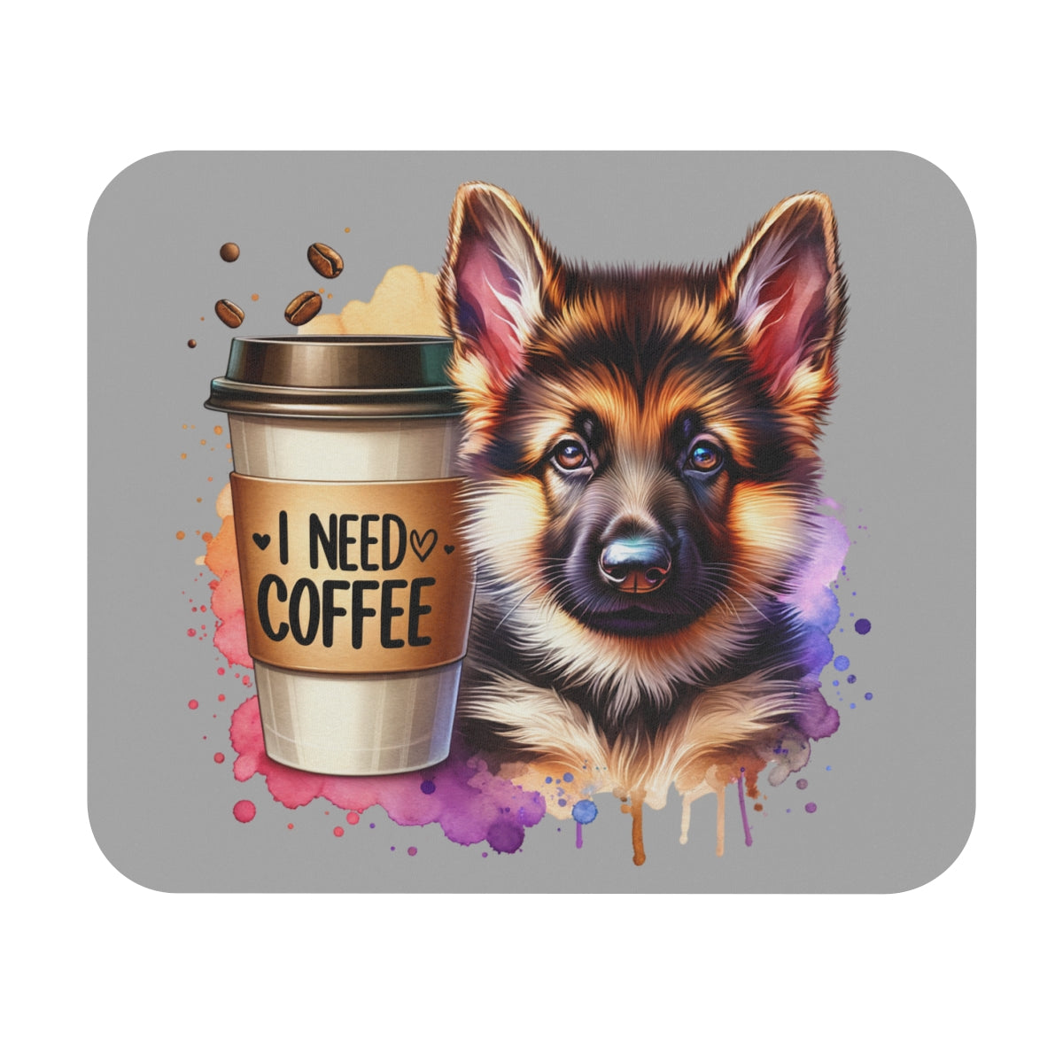 German Shepherd with Coffee Mouse Pad – Gift for Dog & Coffee Lovers