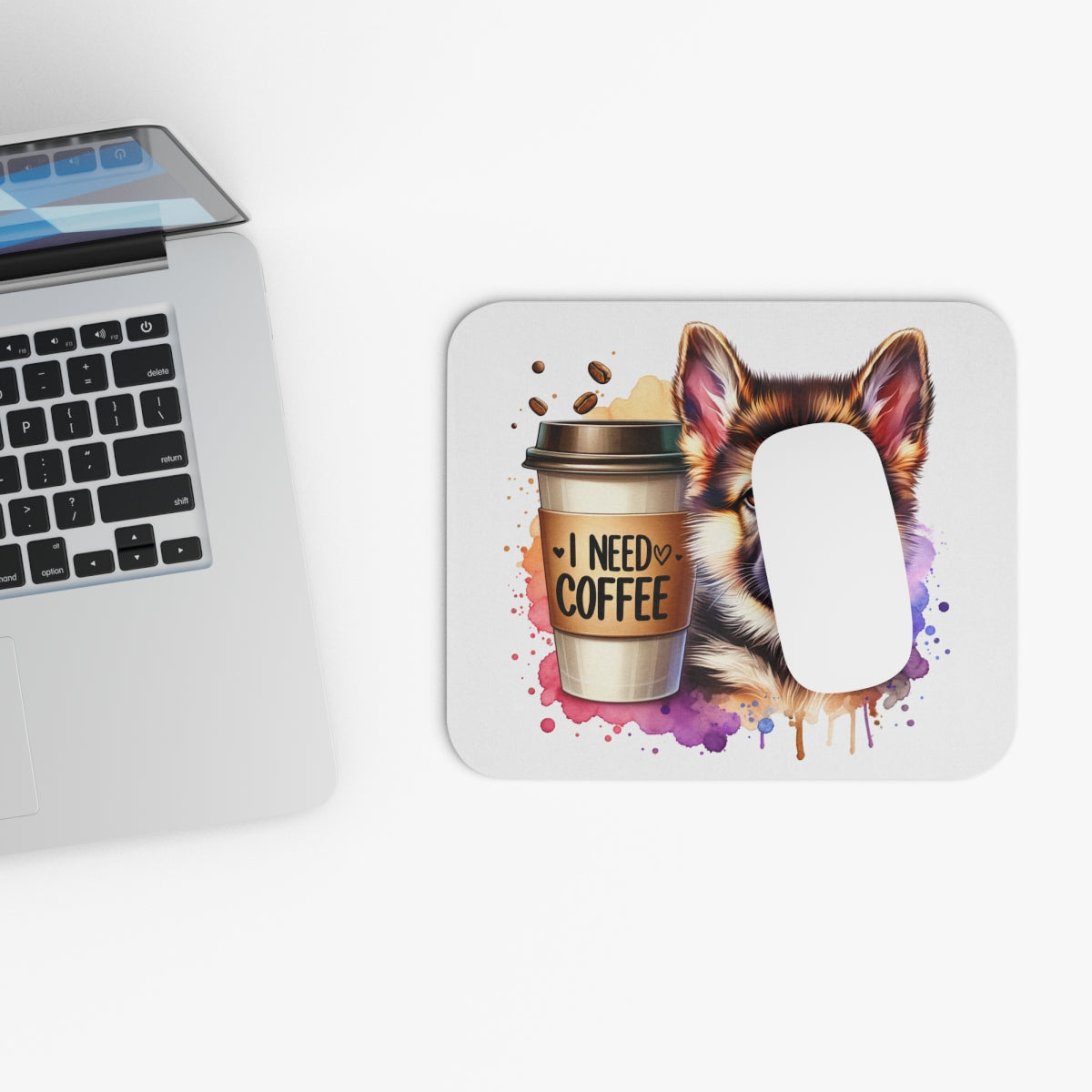 German Shepherd with Coffee Mouse Pad – Gift for Dog & Coffee Lovers