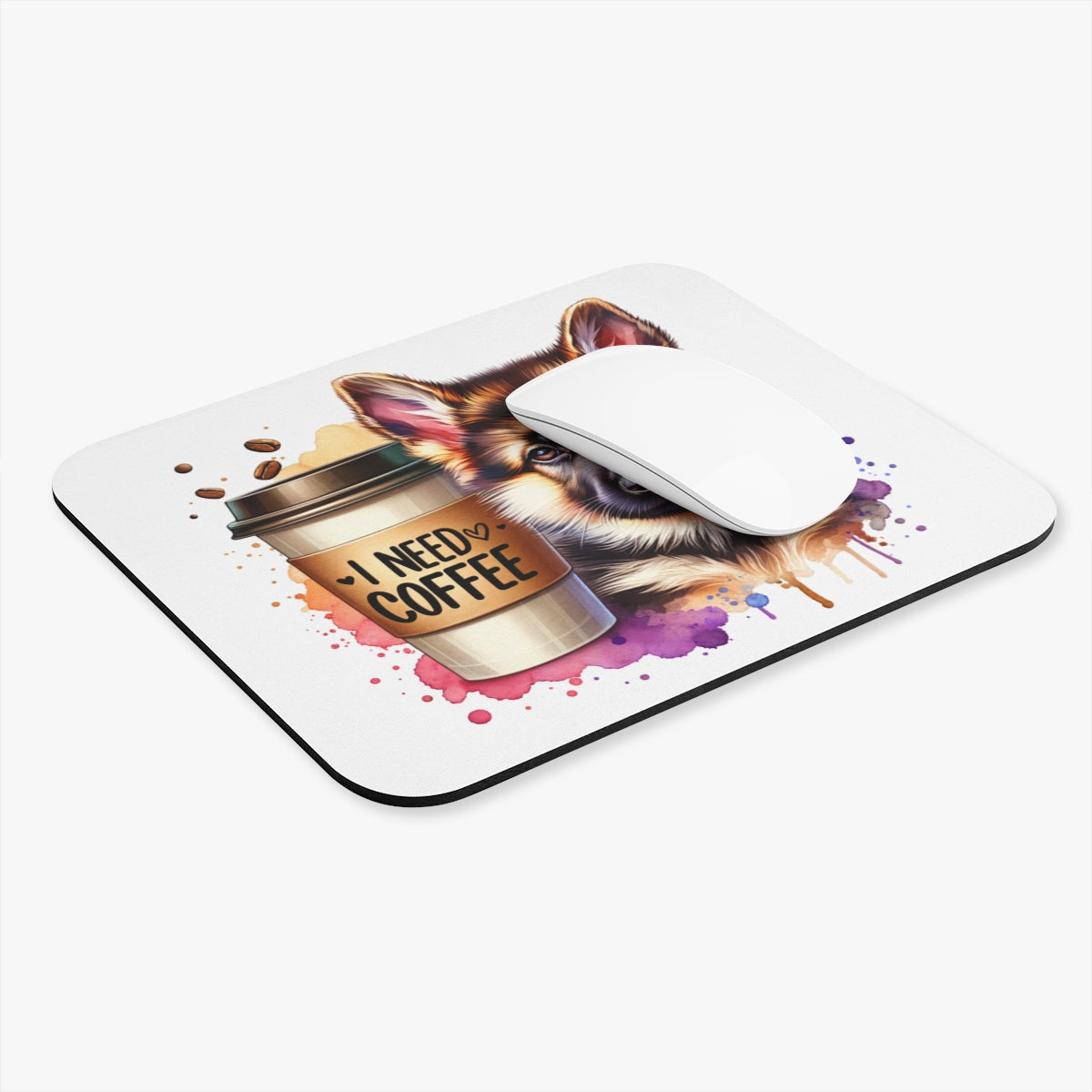 German Shepherd with Coffee Mouse Pad – Gift for Dog & Coffee Lovers