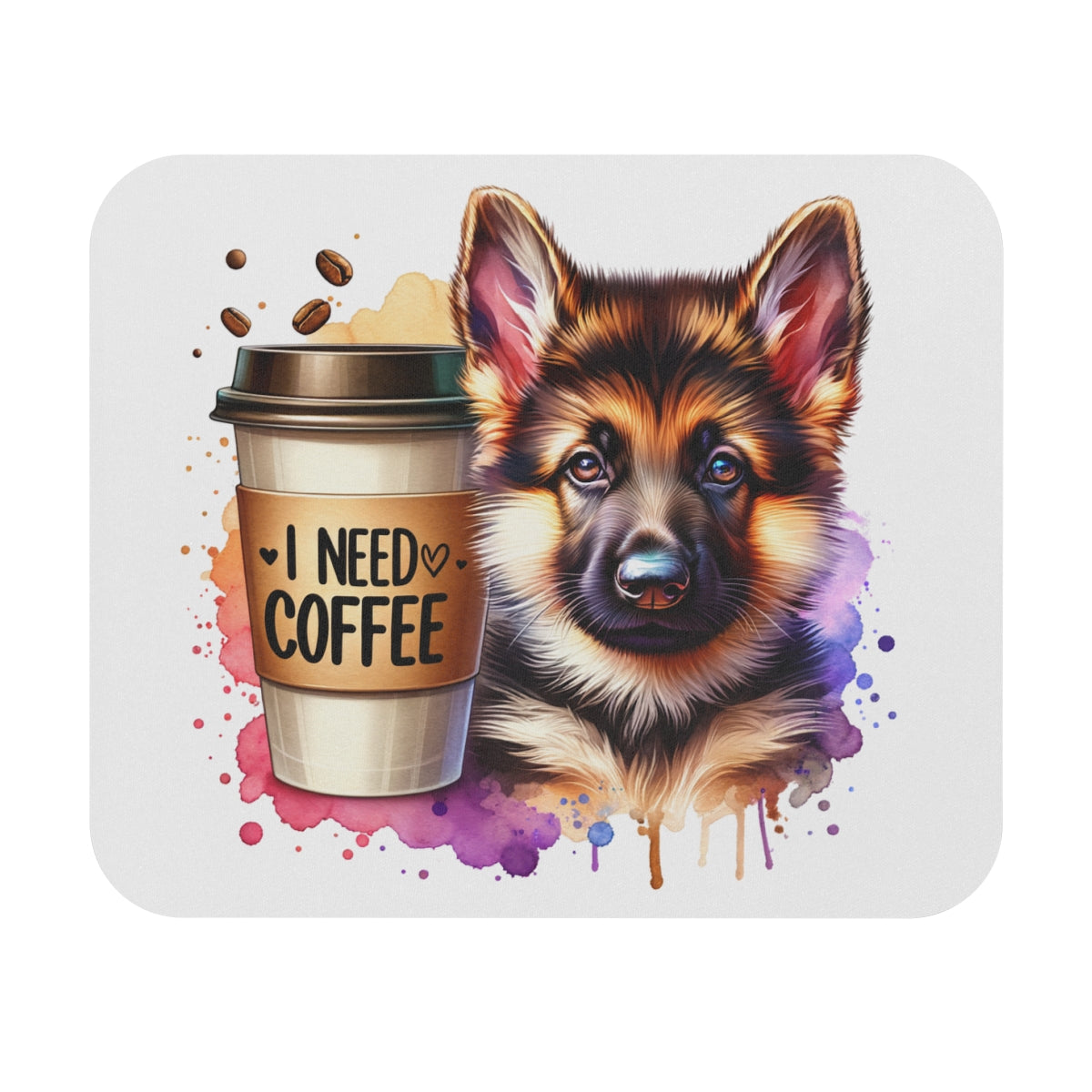 German Shepherd with Coffee Mouse Pad – Gift for Dog & Coffee Lovers