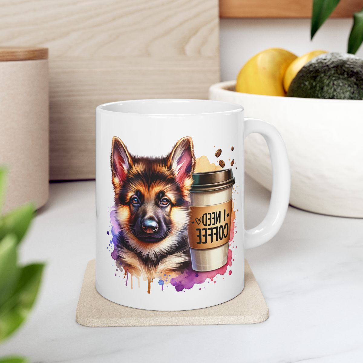 German Shepherd with Coffee Mug – Gift for Dog Moms & Dads