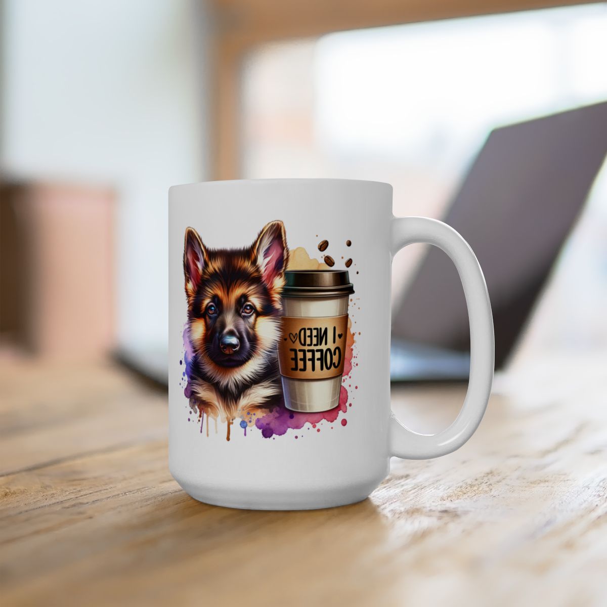 German Shepherd with Coffee Mug – Gift for Dog Moms & Dads