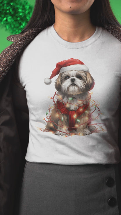 Shih Tzu Wearing a Christmas Hat and Wrapped in Lights Shirt