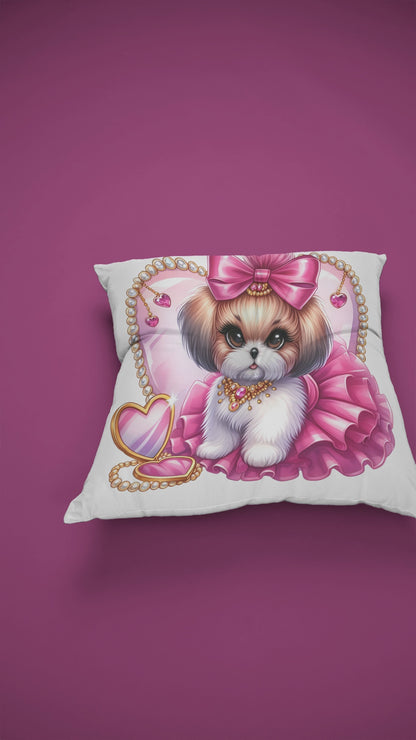 Pink Bow Shih Tzu Square Pillow