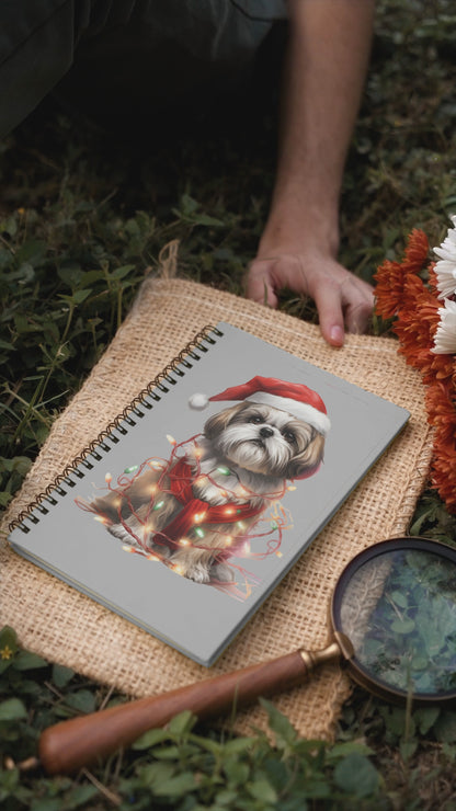 Shih Tzu Wearing a Christmas Hat and Wrapped in Lights Spiral Notebook