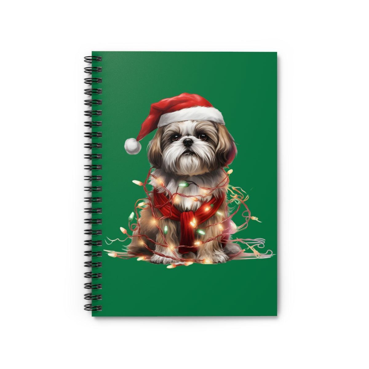 Shih Tzu Wearing a Christmas Hat and Wrapped in Lights Spiral Notebook - Shih Tzu Gifts