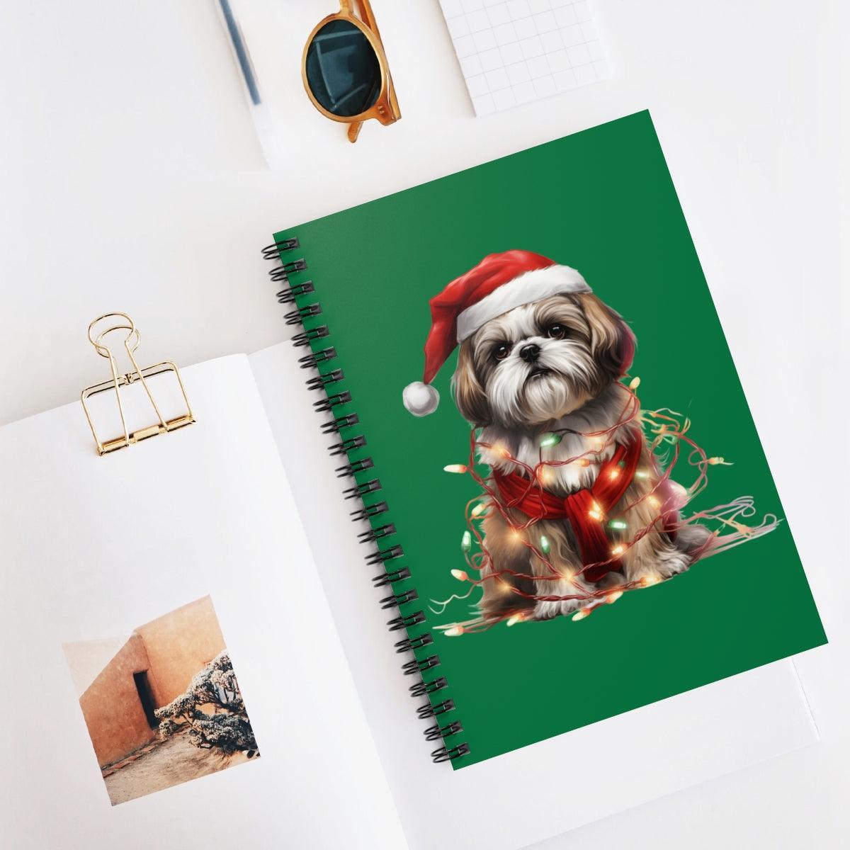 Shih Tzu Wearing a Christmas Hat and Wrapped in Lights Spiral Notebook - Shih Tzu Gifts