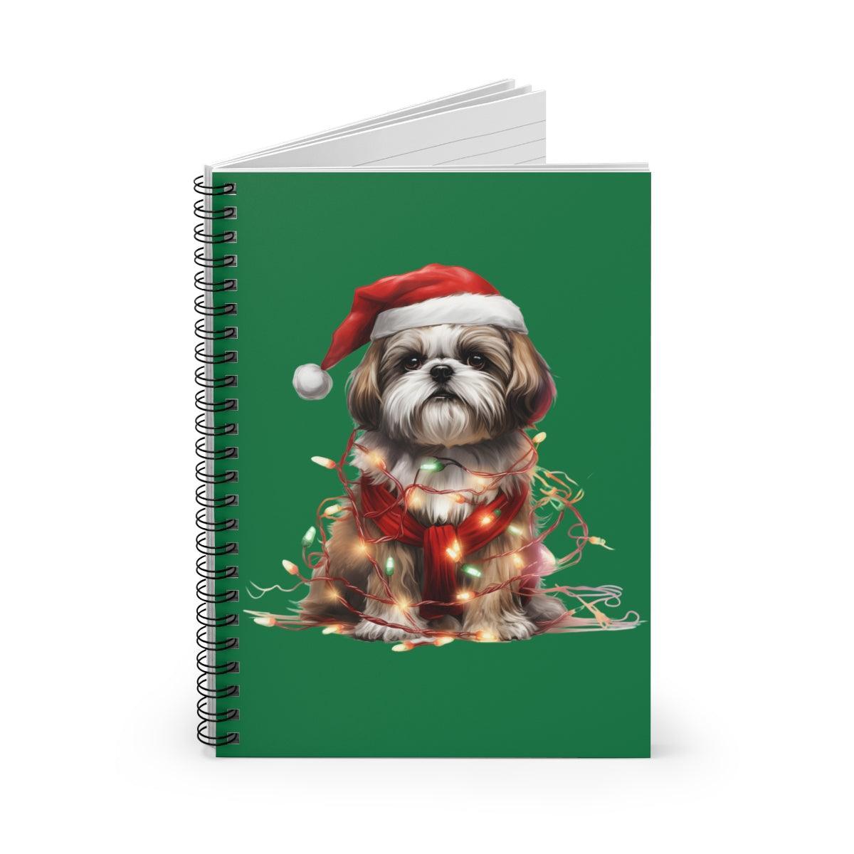 Shih Tzu Wearing a Christmas Hat and Wrapped in Lights Spiral Notebook - Shih Tzu Gifts